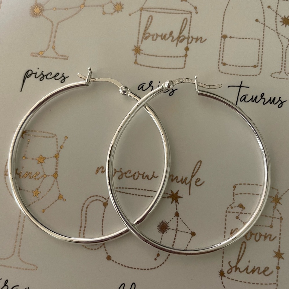 sterling silver dainty oversize hoop earrings 1.75” made in Thailand - Picture 2 of 6